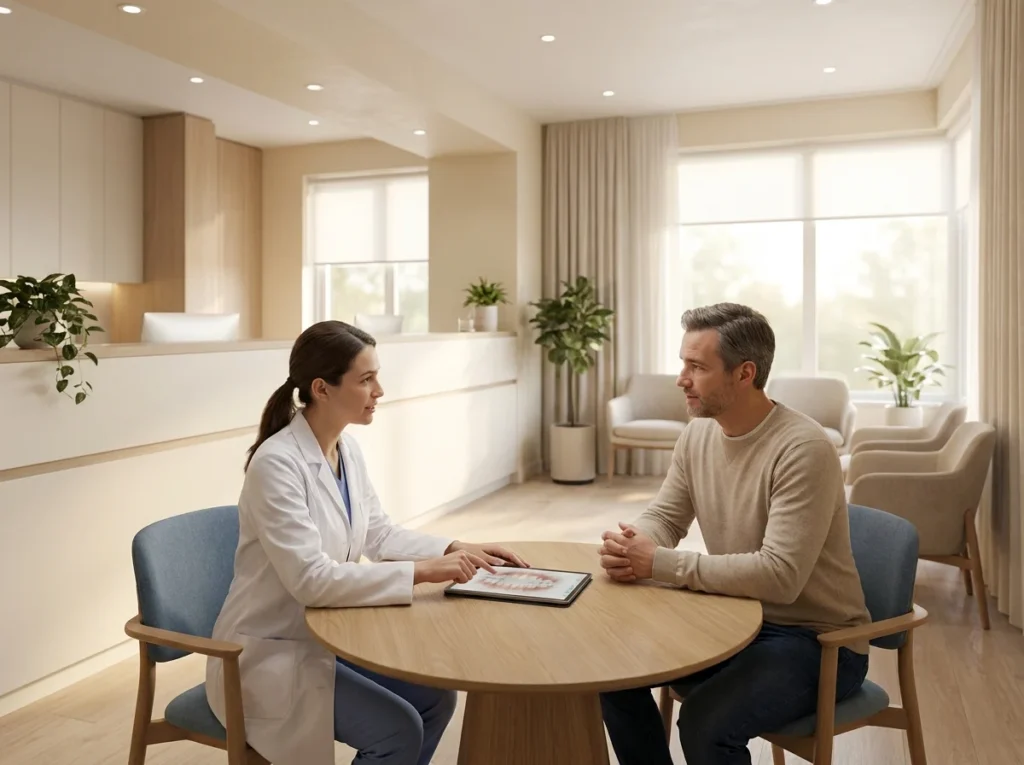 A polished modern dental office consultation scene for a blog hero image, slightly elevated wide shot, clean