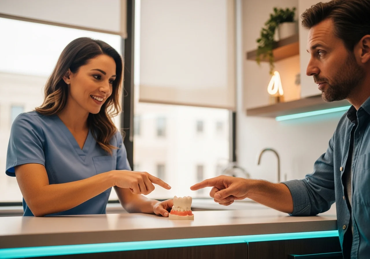 Dentist examining a chipped front tooth beside bonding and crown models