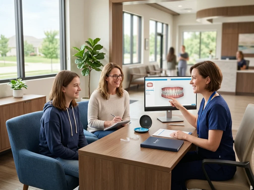 Dentist consulting with parent and teen in bright modern office