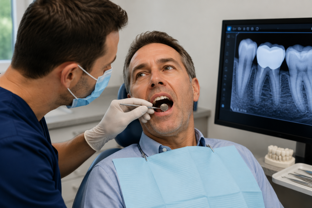 A dentist examining a patient's dental crown while reviewing digital images or using a dental mirror during a routine checkup.