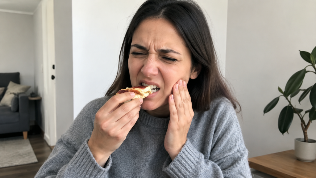 Person reacting to tooth pain while biting down, illustrating discomfort that may be caused by a cracked tooth, cavity, or bite issue.