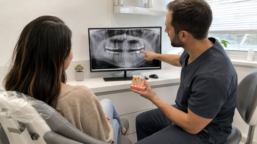 Dentist reviewing a dental X-ray with a patient while discussing possible treatment options.

