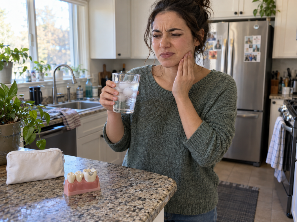 Woman experiences tooth sensitivity while holding a glass of ice water, with a dental model showing a recent filling nearby.